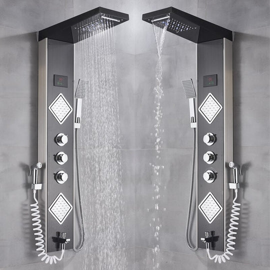 Luxury Brushed Nickle Bathroom Shower Faucet LED Shower Panel Column Bathtub Mixer Tap W/Hand Shower Temperature Screen