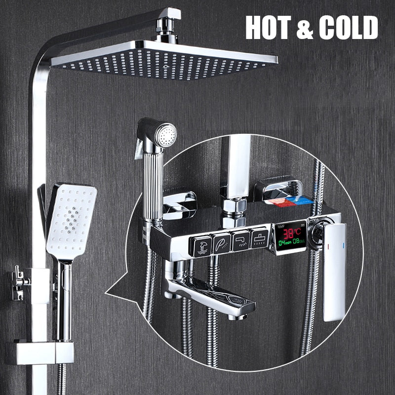 Golden Shower Set Bathroom Smart Digital Shower System Wall Mount Thermostatic Bath Faucet SPA Rainfall Bathtub LED Tap Full Kit