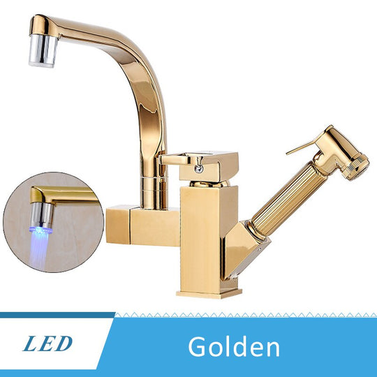 Kitchen Faucet Golden Brass Tap Bathroom Deck Mounted Pull Out Sprayer Gun Led Spout Hot and Cold Water Mixer Tap