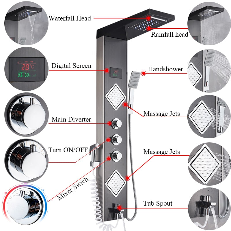 Luxury Brushed Nickle Bathroom Shower Faucet LED Shower Panel Column Bathtub Mixer Tap W/Hand Shower Temperature Screen