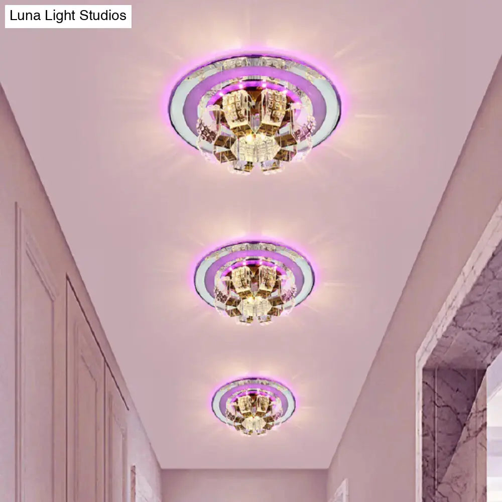 Modern LED Flush Mount Lighting - Chrome Floral Ceiling Light with Crystal Shade