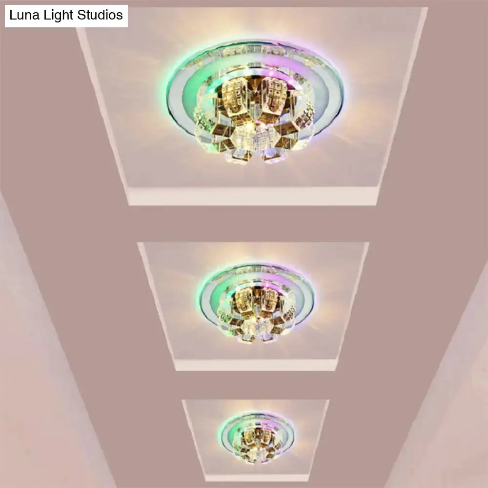 Modern LED Flush Mount Lighting - Chrome Floral Ceiling Light with Crystal Shade
