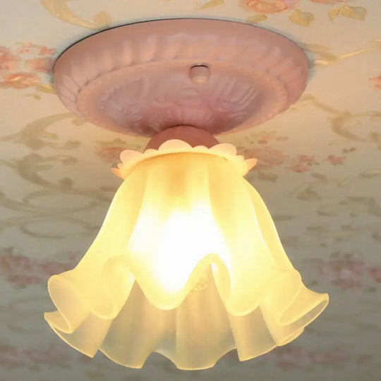 Pastoral Style Floral Flush Ceiling Light - White/Green/Pink, Frosted Glass, Single Bulb, Flush Mounted Lamp