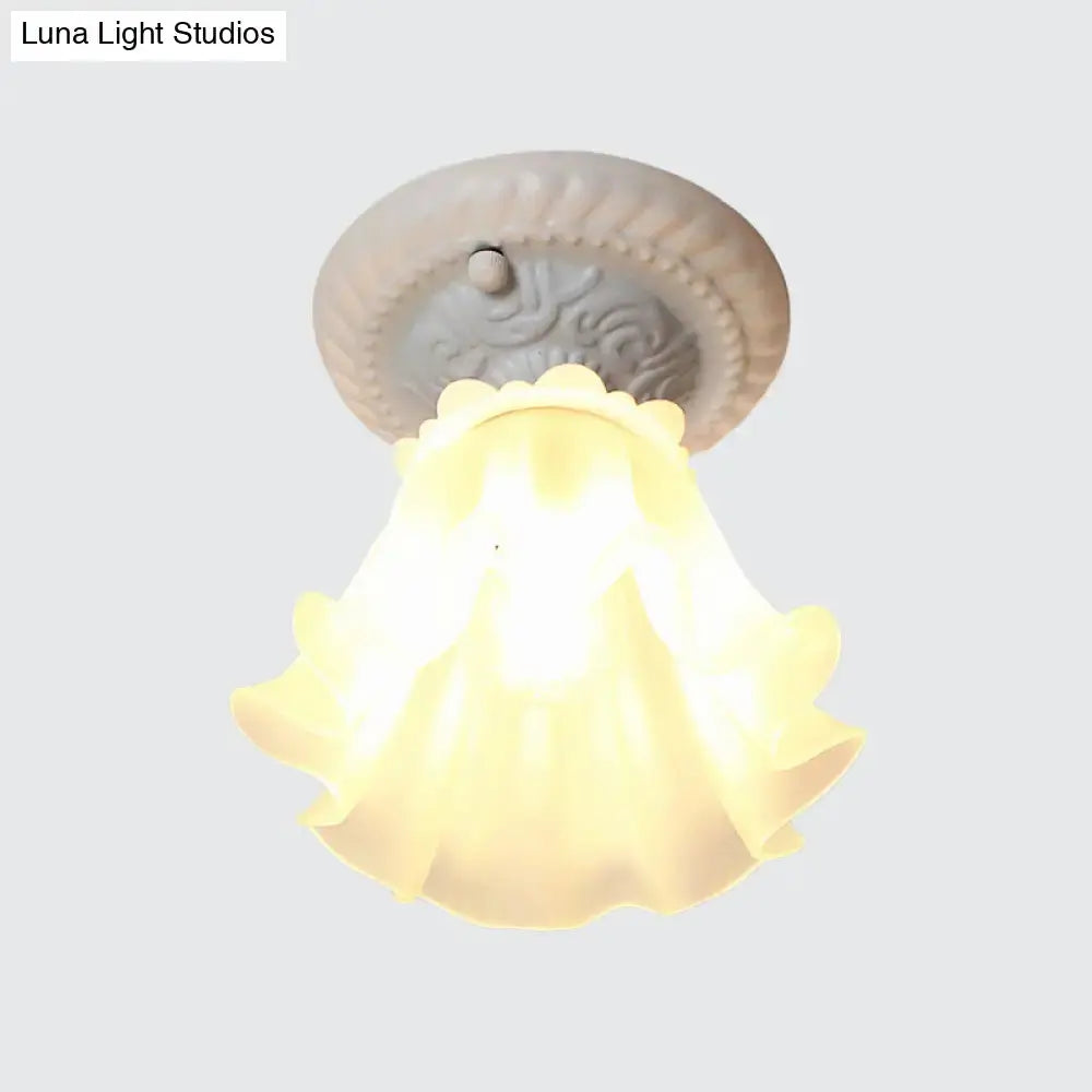 Pastoral Style Floral Flush Ceiling Light - White/Green/Pink, Frosted Glass, Single Bulb, Flush Mounted Lamp