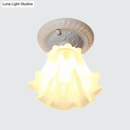 Pastoral Style Floral Flush Ceiling Light - White/Green/Pink, Frosted Glass, Single Bulb, Flush Mounted Lamp