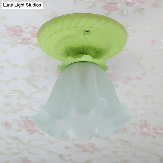 Pastoral Style Floral Flush Ceiling Light - White/Green/Pink, Frosted Glass, Single Bulb, Flush Mounted Lamp