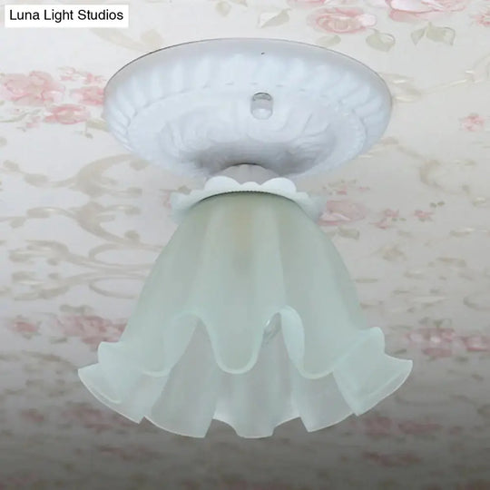 Pastoral Style Floral Flush Ceiling Light - White/Green/Pink, Frosted Glass, Single Bulb, Flush Mounted Lamp