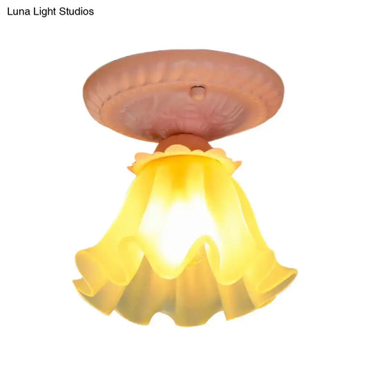 Pastoral Style Floral Flush Ceiling Light - White/Green/Pink, Frosted Glass, Single Bulb, Flush Mounted Lamp