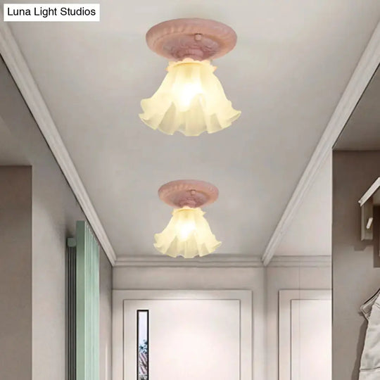 Pastoral Style Floral Flush Ceiling Light - White/Green/Pink, Frosted Glass, Single Bulb, Flush Mounted Lamp