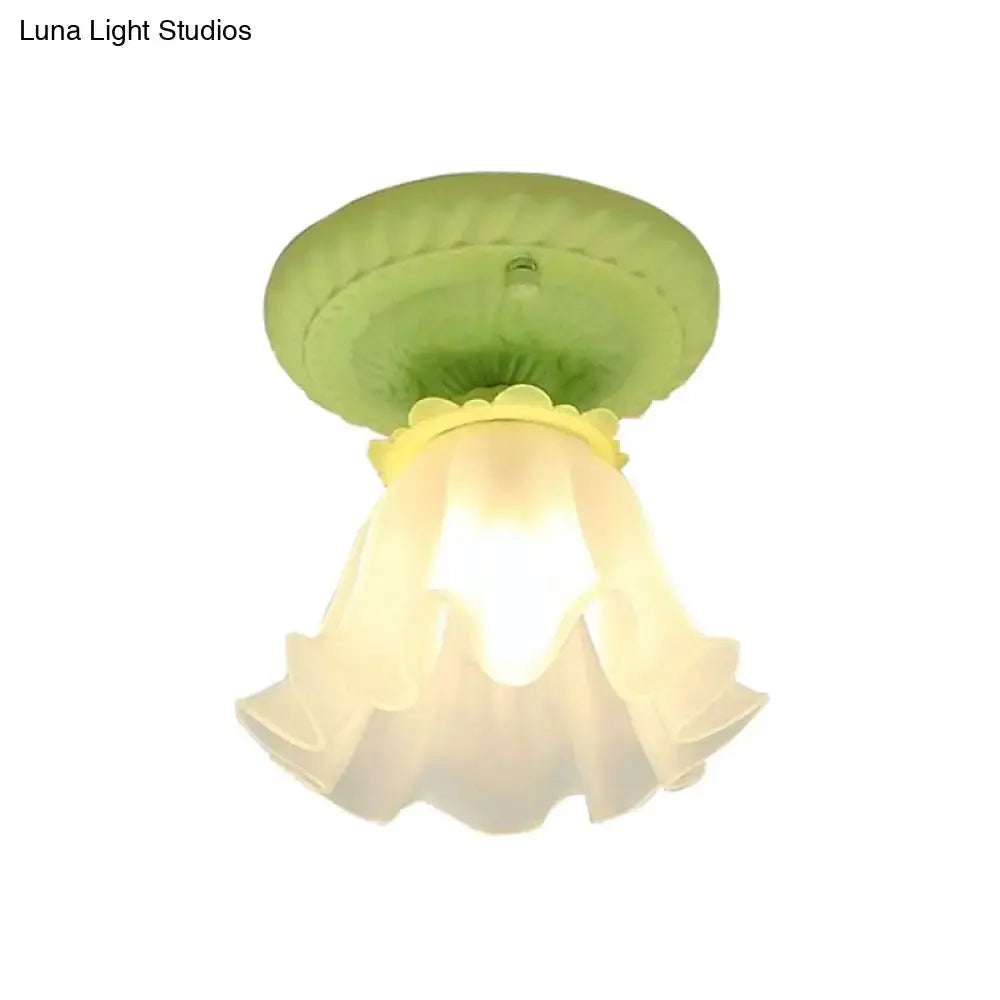 Pastoral Style Floral Flush Ceiling Light - White/Green/Pink, Frosted Glass, Single Bulb, Flush Mounted Lamp