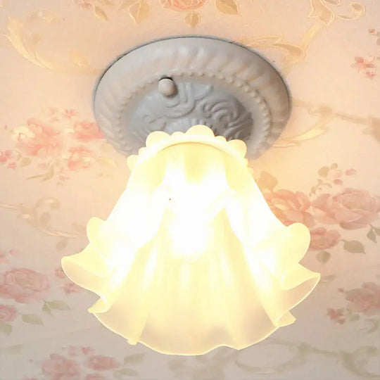 Pastoral Style Floral Flush Ceiling Light - White/Green/Pink, Frosted Glass, Single Bulb, Flush Mounted Lamp