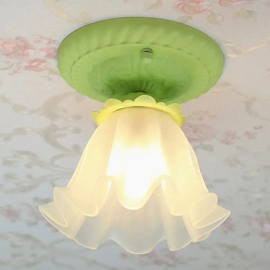 Pastoral Style Floral Flush Ceiling Light - White/Green/Pink, Frosted Glass, Single Bulb, Flush Mounted Lamp