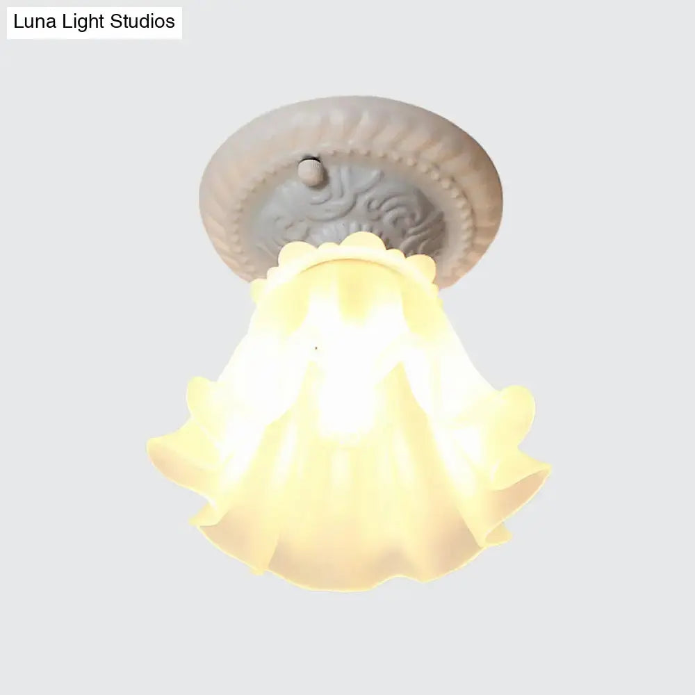 Pastoral Style Floral Flush Ceiling Light - White/Green/Pink, Frosted Glass, Single Bulb, Flush Mounted Lamp