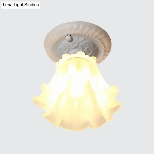Pastoral Style Floral Flush Ceiling Light - White/Green/Pink, Frosted Glass, Single Bulb, Flush Mounted Lamp