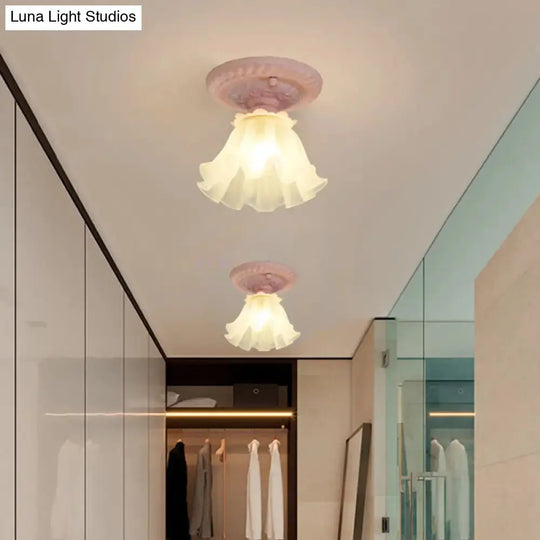 Pastoral Style Floral Flush Ceiling Light - White/Green/Pink, Frosted Glass, Single Bulb, Flush Mounted Lamp