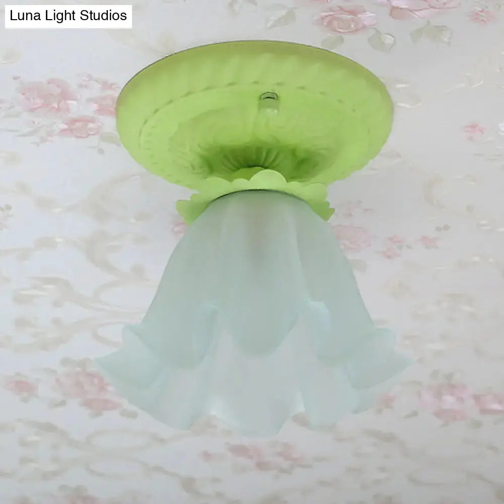 Pastoral Style Floral Flush Ceiling Light - White/Green/Pink, Frosted Glass, Single Bulb, Flush Mounted Lamp