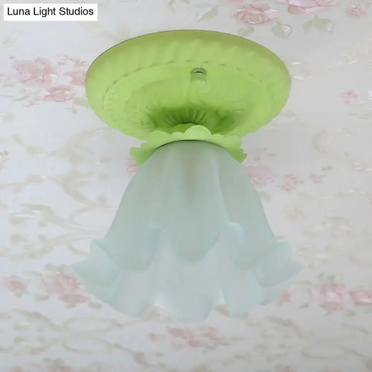 Pastoral Style Floral Flush Ceiling Light - White/Green/Pink, Frosted Glass, Single Bulb, Flush Mounted Lamp