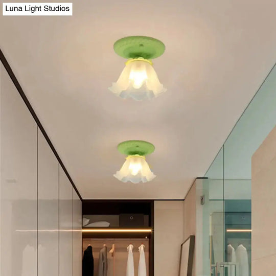Pastoral Style Floral Flush Ceiling Light - White/Green/Pink, Frosted Glass, Single Bulb, Flush Mounted Lamp