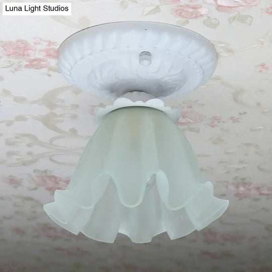 Pastoral Style Floral Flush Ceiling Light - White/Green/Pink, Frosted Glass, Single Bulb, Flush Mounted Lamp