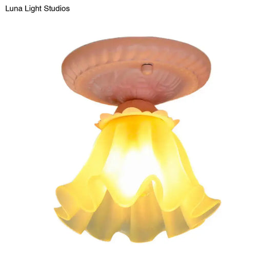 Pastoral Style Floral Flush Ceiling Light - White/Green/Pink, Frosted Glass, Single Bulb, Flush Mounted Lamp