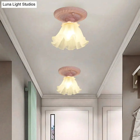 Pastoral Style Floral Flush Ceiling Light - White/Green/Pink, Frosted Glass, Single Bulb, Flush Mounted Lamp