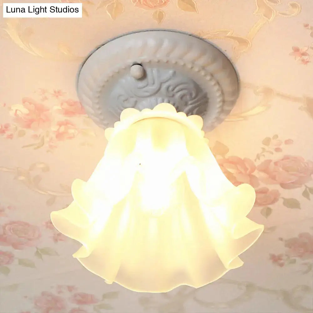 Pastoral Style Floral Flush Ceiling Light - White/Green/Pink, Frosted Glass, Single Bulb, Flush Mounted Lamp