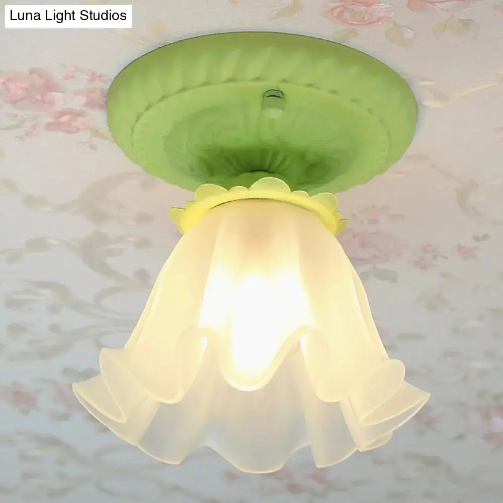 Pastoral Style Floral Flush Ceiling Light - White/Green/Pink, Frosted Glass, Single Bulb, Flush Mounted Lamp
