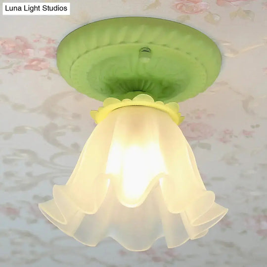 Pastoral Style Floral Flush Ceiling Light - White/Green/Pink, Frosted Glass, Single Bulb, Flush Mounted Lamp