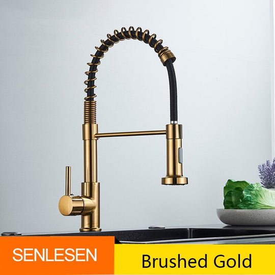 Golden Kitchen Spring Faucet Brass Deck Mount 360 Degree Rotate Stream &amp; Sprayer Nozzle Hot Cold Mixer Vanity Sink Tap