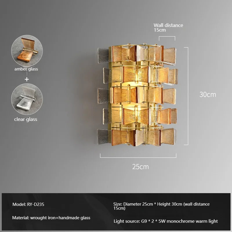 Simple Amber & Blue Glass Wall Lamp – High-End Decorative Bedside Light