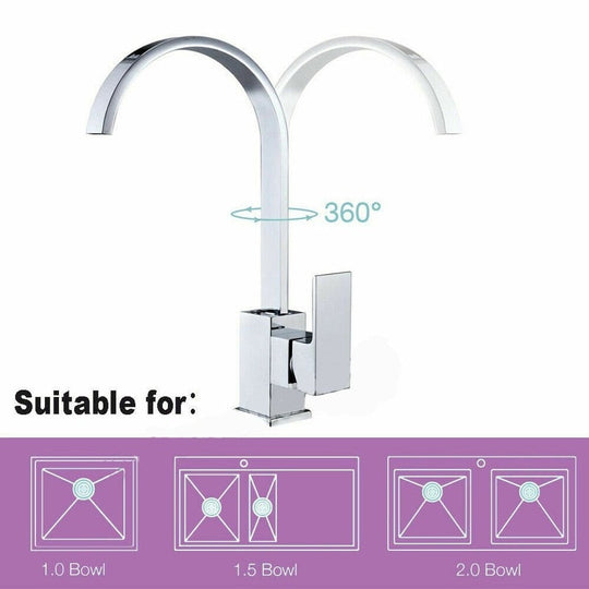 Stainless Steel Kitchen Faucet Single Square Flat Tube Hole Hot and Cold Kitchen Sink Mixer Tap 360 Degree Rotation Water Faucet