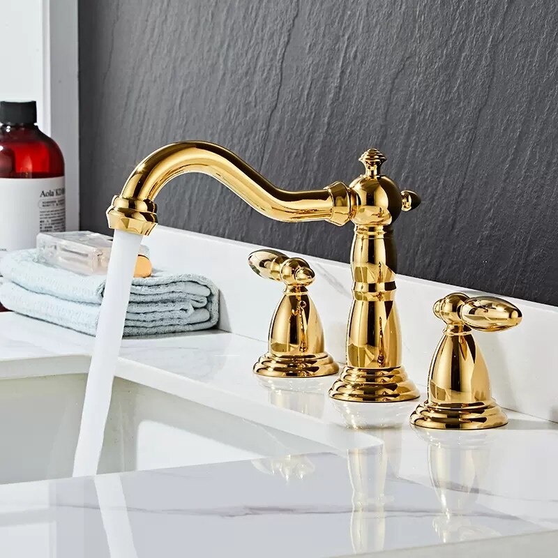 Basin Faucet Brass Rose Gold Widespread Bathroom Faucet Antique Sink Faucets 3 Hole Hot And Cold Gold Water Faucet Tap