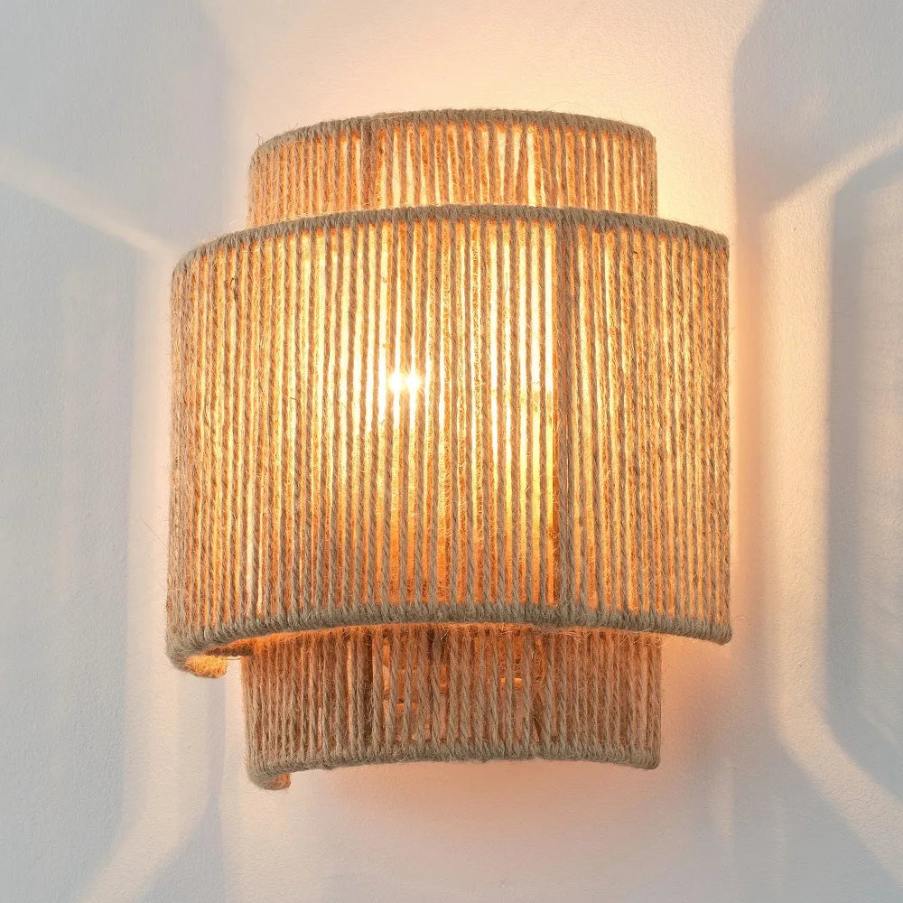Boho Farmhouse Wall Sconce Hemp Rope Rattan Rustic Indoor Light