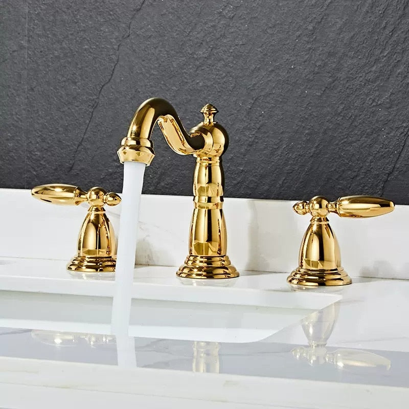 Basin Faucet Brass Rose Gold Widespread Bathroom Faucet Antique Sink Faucets 3 Hole Hot And Cold Gold Water Faucet Tap