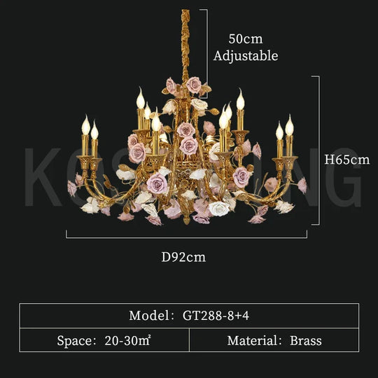 French Full Brass Ceramic Chandelier – European Vintage Luxury Pendant