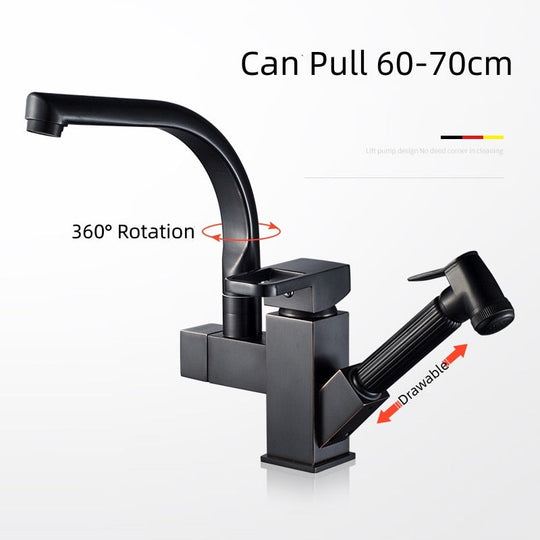 Stainless Steel Pull Out Kitchen Faucet Hot Cold Water Mixer Tap With High Pressure Sprayer 360 Rotating Deck Mounted