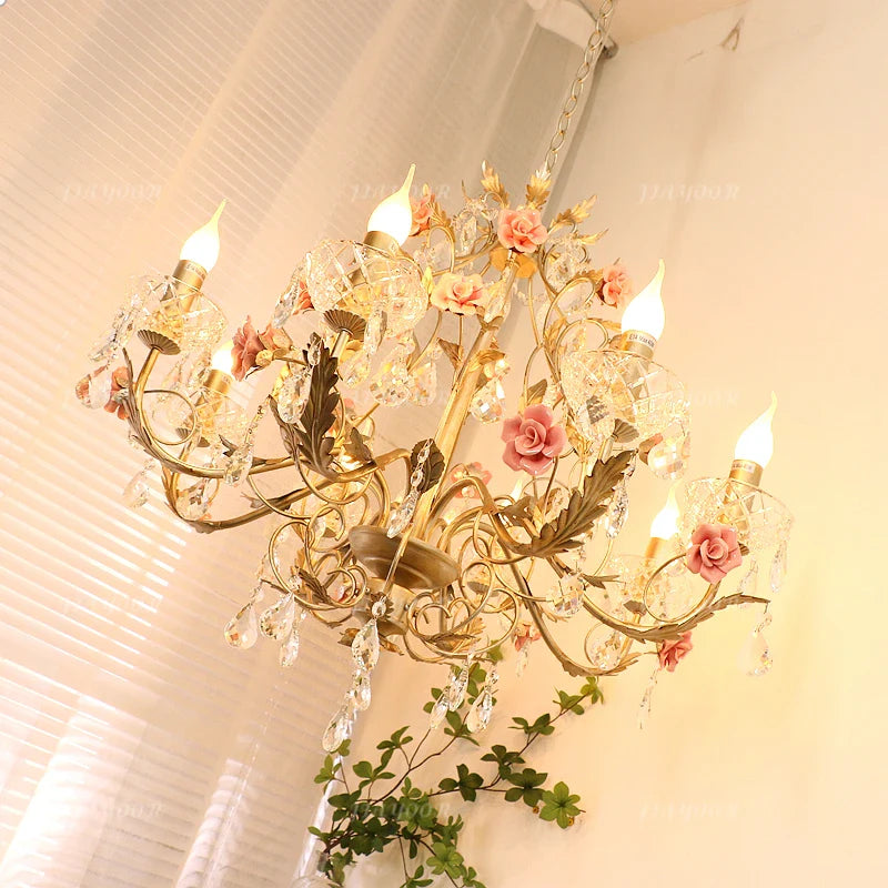 French Countryside Crystal LED Chandelier – Elegant Flower Design