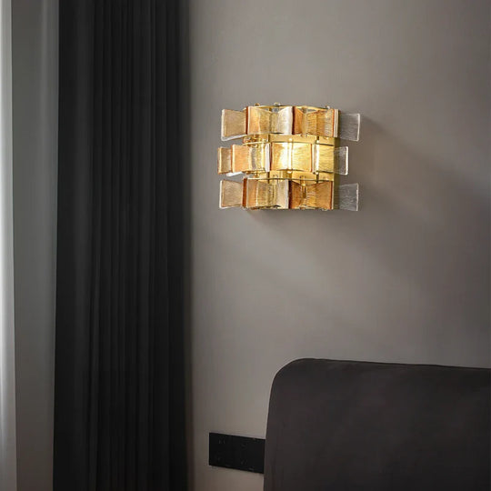 Simple Amber & Blue Glass Wall Lamp – High-End Decorative Bedside Light
