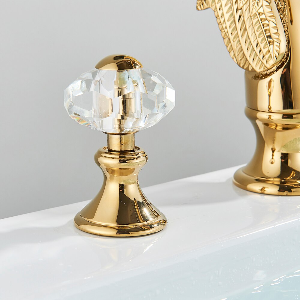 Gold Swan Bathroom Bathtub Faucet  with Double Crystal Handwheels Hot Cold Water Mixer Tap Basin Faucet Three-piece Set