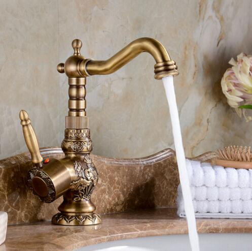 Kitchen Faucet Vintage Antique Hot Cold Rotating Bathroom Sink Faucet Carved Basin Mixer Tap Solid Brass Kitchen Mixer