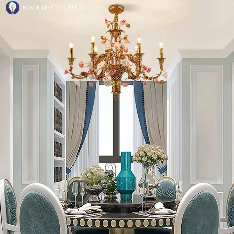 French Full Brass Ceramic Chandelier – European Vintage Luxury Pendant