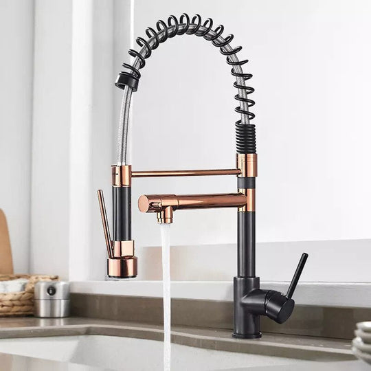 Pull Down Spring Kitchen Faucets Rose Gold Hot Cold Kitchen Sink Mixer Tap Deck Mounted Brass Black Kitchen Spring Faucet Taps