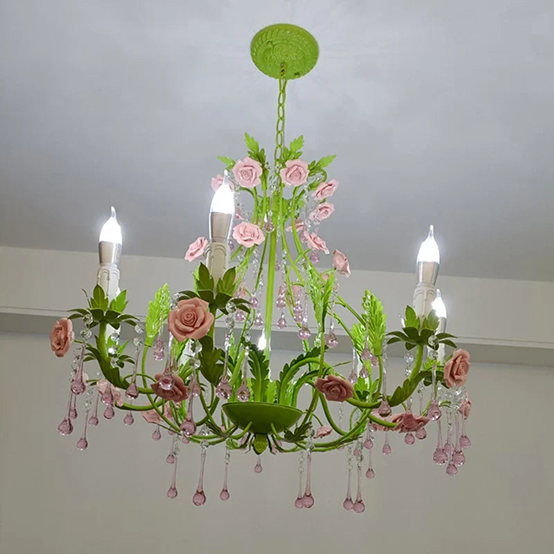 Green Country-Style Ceramic Rose Chandelier – French LED Crystal Pendant Light