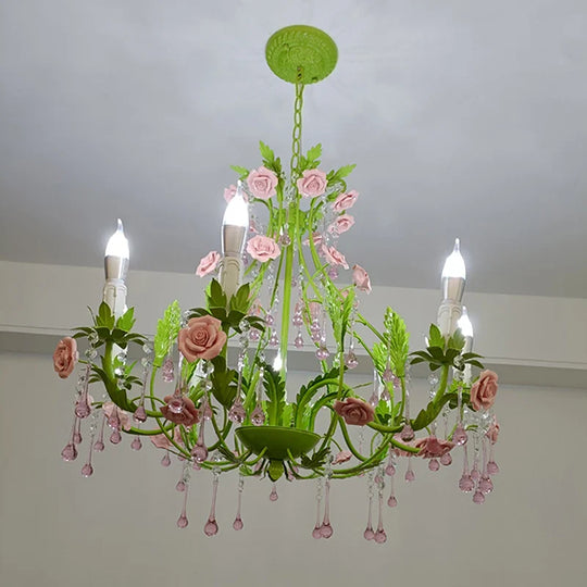 Green Country-Style Ceramic Rose Chandelier – French LED Crystal Pendant Light