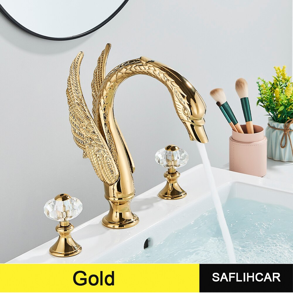 Gold Swan Bathroom Bathtub Faucet  with Double Crystal Handwheels Hot Cold Water Mixer Tap Basin Faucet Three-piece Set