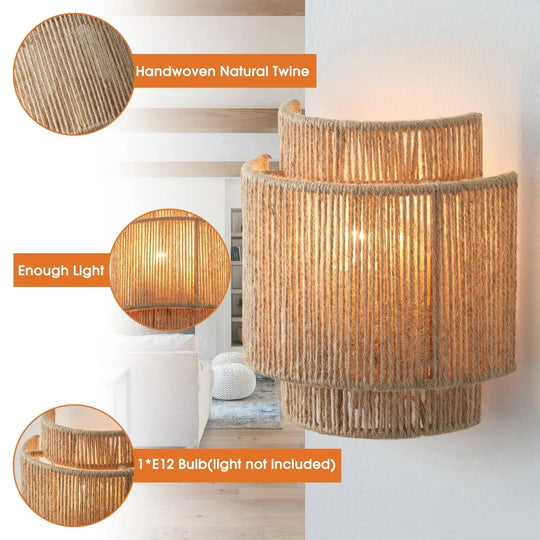 Boho Farmhouse Wall Sconce Hemp Rope Rattan Rustic Indoor Light