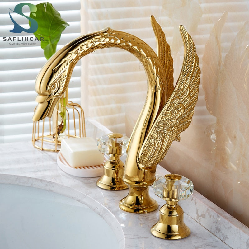 Gold Swan Bathroom Bathtub Faucet  with Double Crystal Handwheels Hot Cold Water Mixer Tap Basin Faucet Three-piece Set