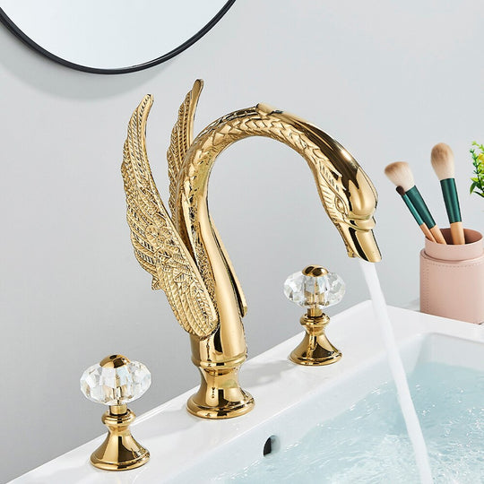 Gold Swan Bathroom Bathtub Faucet  with Double Crystal Handwheels Hot Cold Water Mixer Tap Basin Faucet Three-piece Set