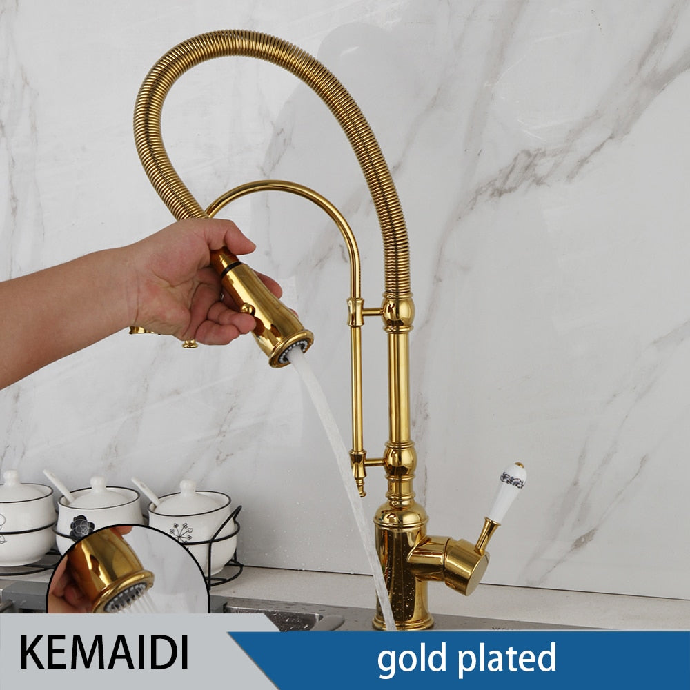 Golden Spring Pull Down Kitchen Sink Faucet Hot &amp; Cold Water Mixer Crane Tap with Dual Spout Deck Mounted