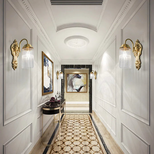 French Luxury Copper Wall Lamp Golden Crystal LED Sconce Light